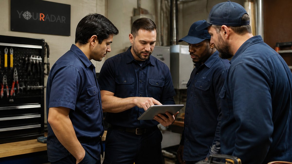 Team of HVAC technicians gathered around a tablet reviewing mobile dispatch work orders in a workshop with tools and equipment visible in the background