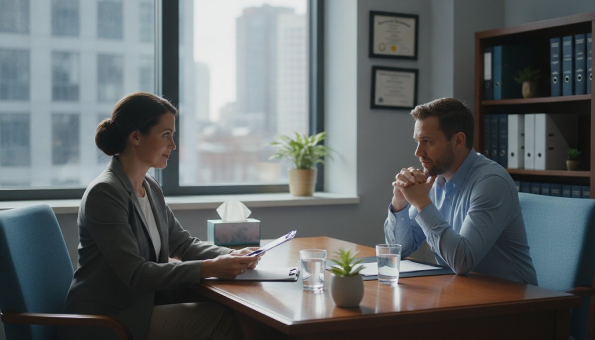 Licensed addiction counselor conducting confidential substance abuse assessment interview with client in professional clinical office setting with neutral lighting and private consultation room
