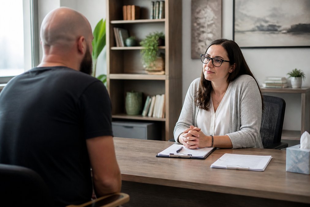A licensed substance abuse counselor sitting across from a client at a desk in a calm, professional office setting, with soft natural light, both engaged in a focused clinical interview conversation