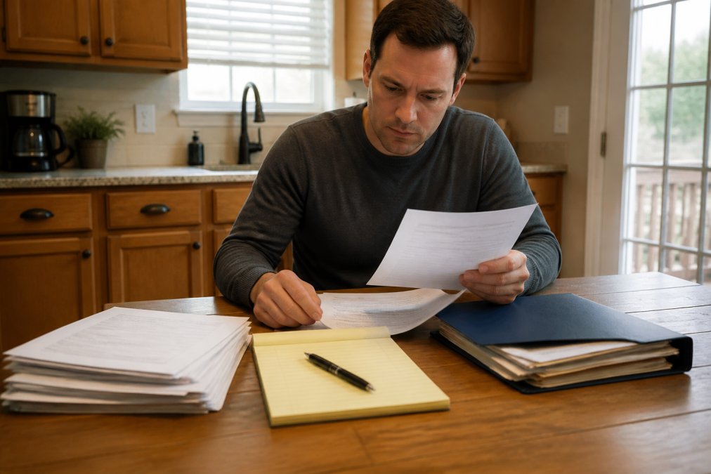 A person sitting at a kitchen table in warm indoor lighting, organizing court papers, a notepad, and a folder of documents, preparing for an upcoming clinical appointment