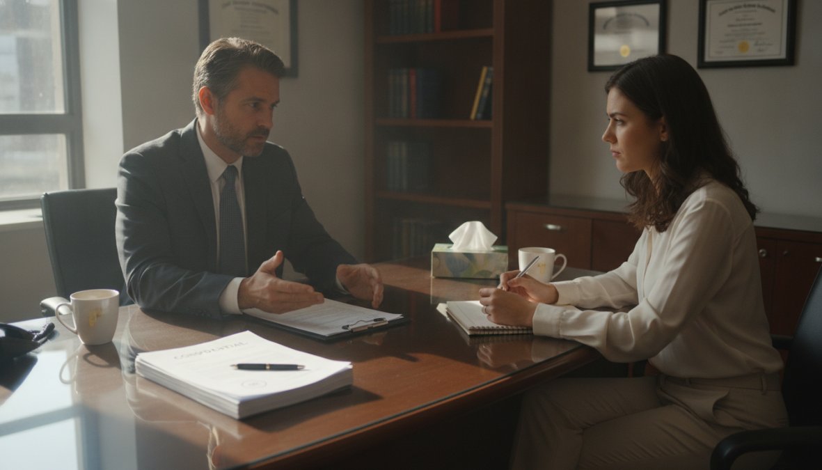 A licensed counselor and a client seated across from each other in a private, well-lit consultation room, with the counselor listening attentively and taking notes on a clipboard while the client speaks calmly