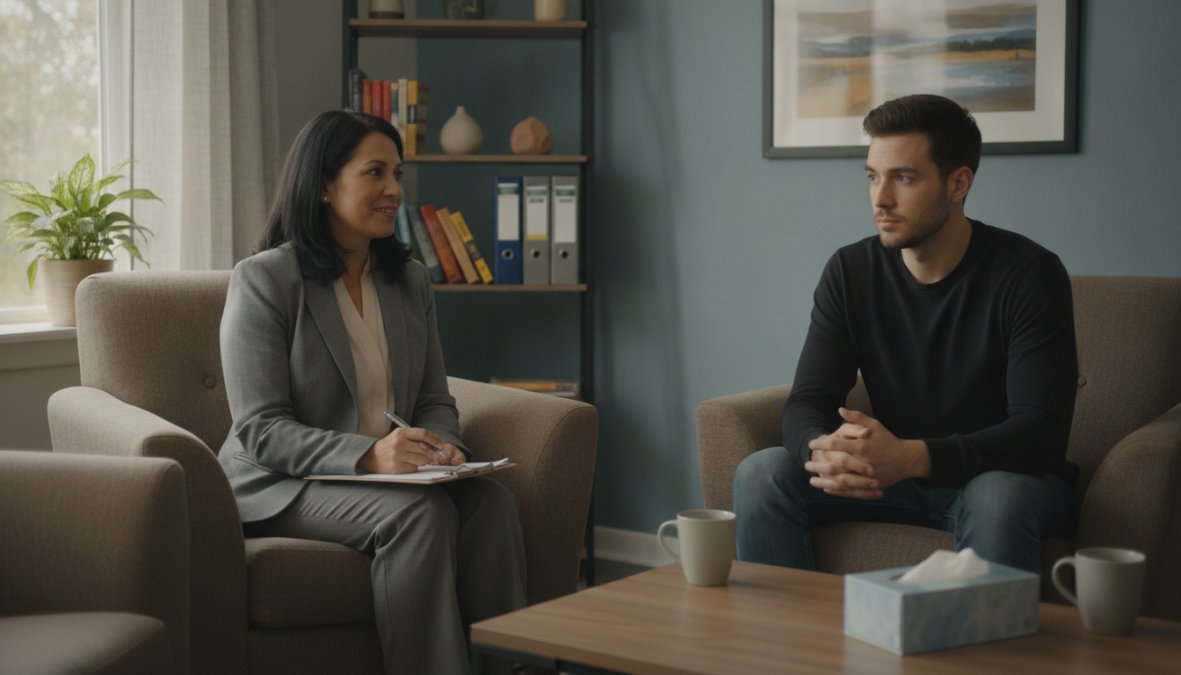Licensed counselor conducting clinical interview with client in professional therapy office with calm lighting and confidential setting