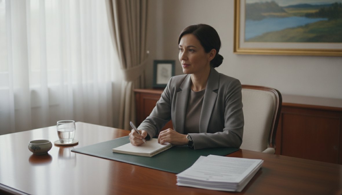 A licensed counselor conducting a clinical interview with a client in a private, well-lit office, notepad open on the desk, assessment materials nearby, both seated in comfortable chairs facing each other