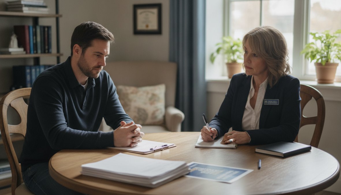 Licensed counselor sitting across from a client in a professional office, reviewing printed intake documents and taking handwritten notes on a clipboard, warm overhead lighting, neutral-toned walls