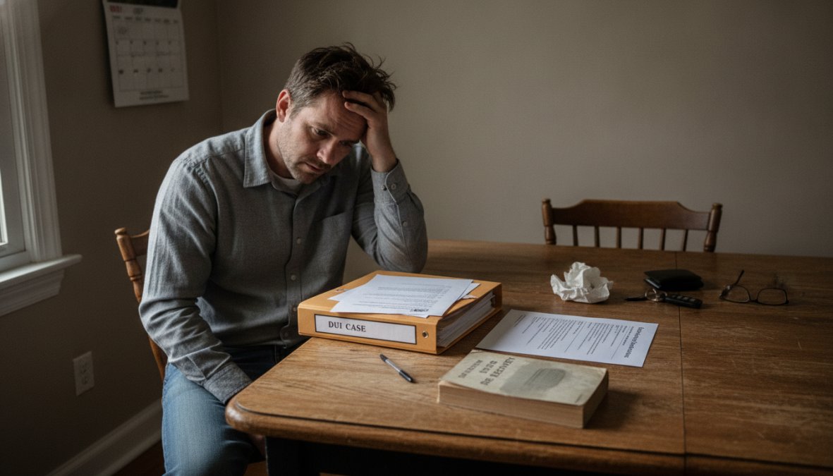 Adult sitting at a home desk under a lamp, organizing a folder of identification documents, court papers, and insurance cards in preparation for an upcoming clinical appointment