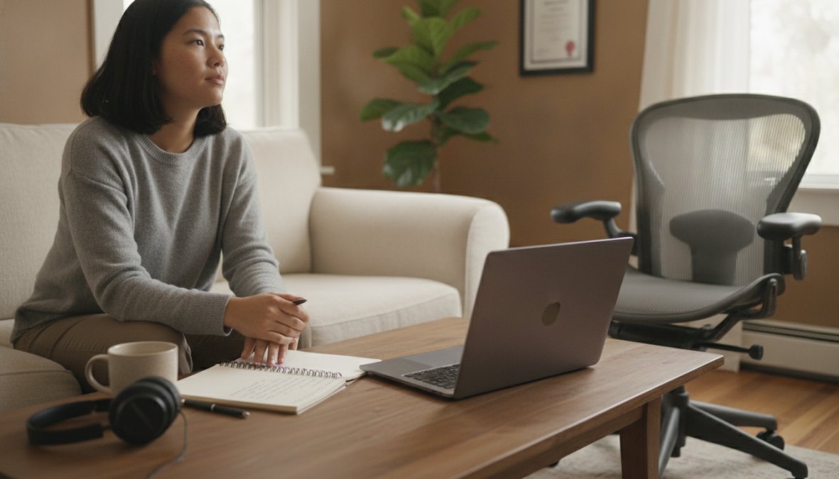 Professional illustration showing person and sitting and home concepts for substance abuse evaluation online
