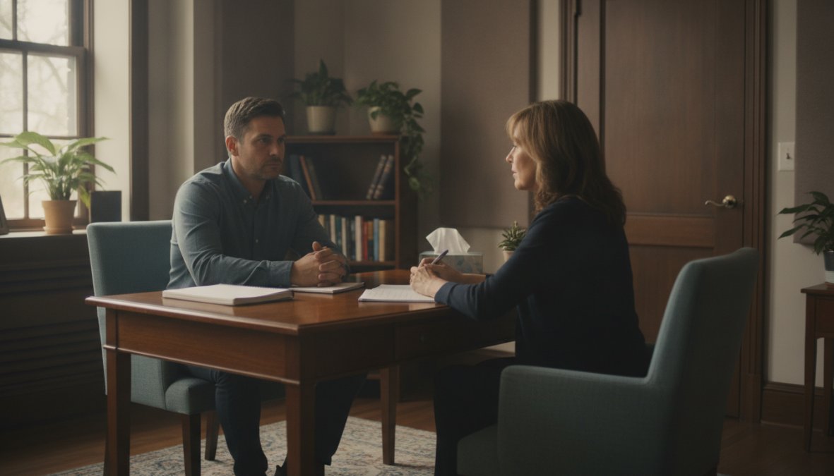 A licensed counselor conducting a one-on-one intake interview with a client in a private, confidential office setting with professional décor and soft lighting