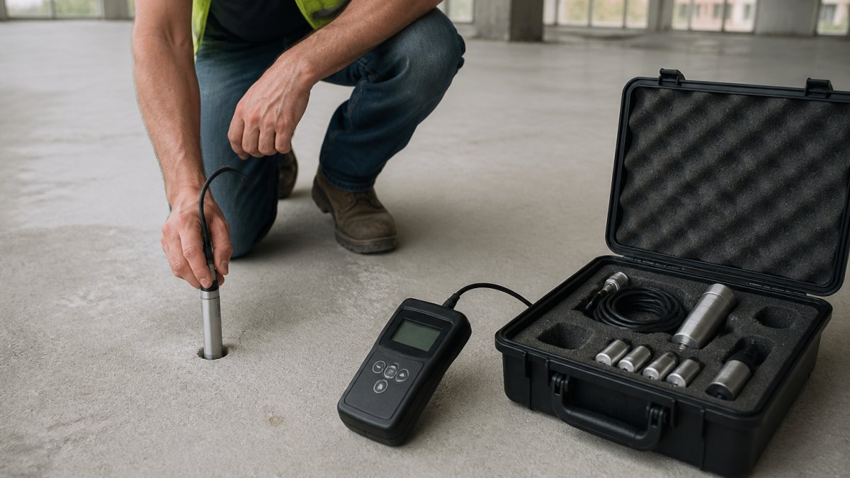 Technician using a humidity probe for substrate preparation terrazzo moisture testing on a concrete slab.