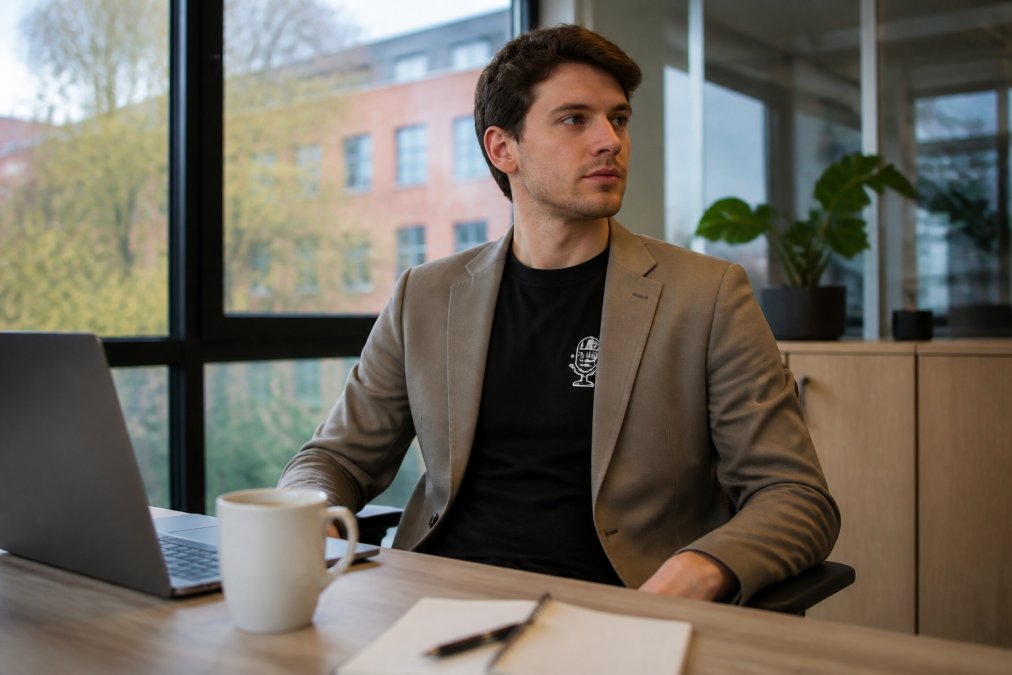 Professional young adult wearing a subtle gaming t-shirt layered under a neutral blazer, seated at a modern office desk with laptop and coffee cup, natural office lighting from window, demonstrating business casual styling
