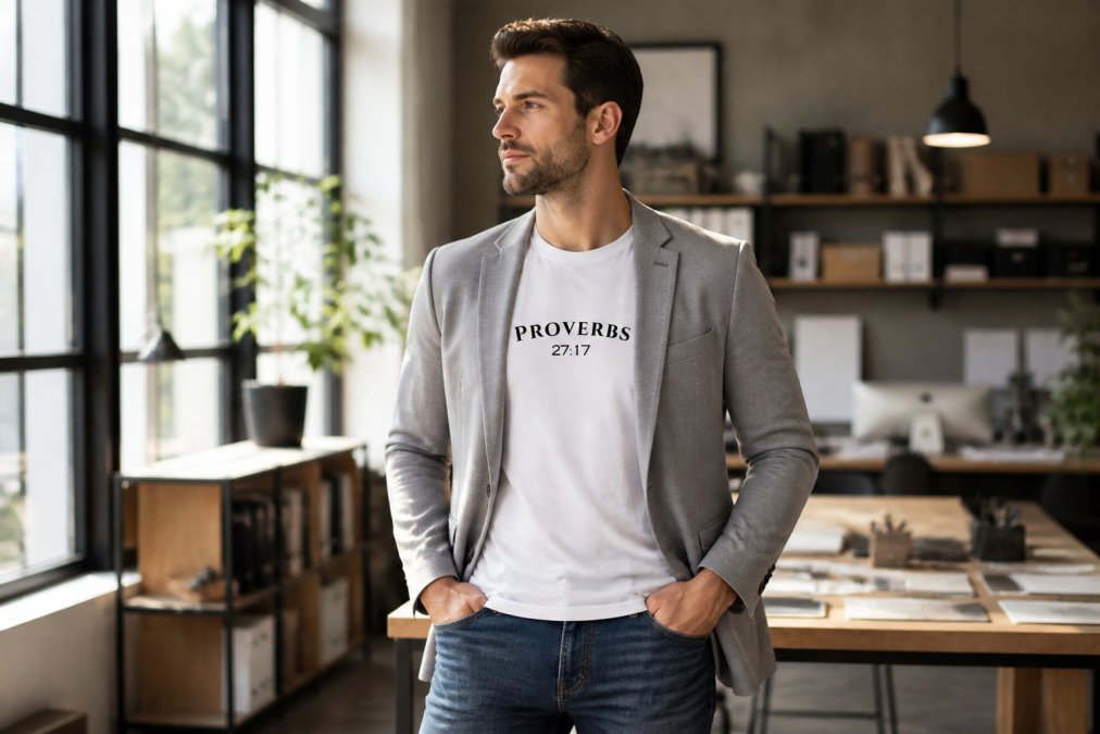 Person wearing a subtle Christian graphic tee layered under a casual blazer with jeans, standing in bright natural light in a modern office setting