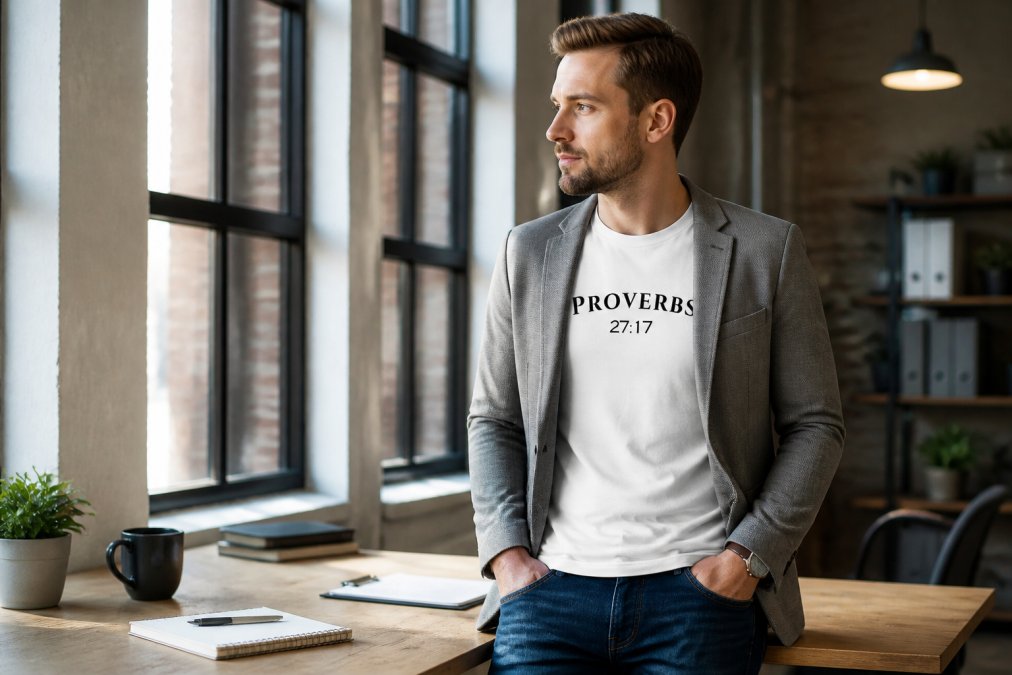 Person wearing a subtle Christian graphic tee layered under a casual blazer with jeans, standing in bright natural light in a modern office setting