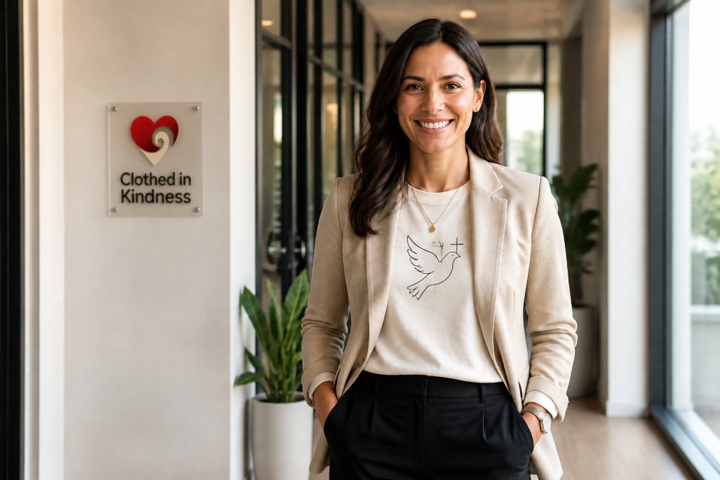 A professional woman in a structured blazer over a subtle faith-based graphic tee, standing in a bright modern office hallway with soft natural light, looking confident and approachable