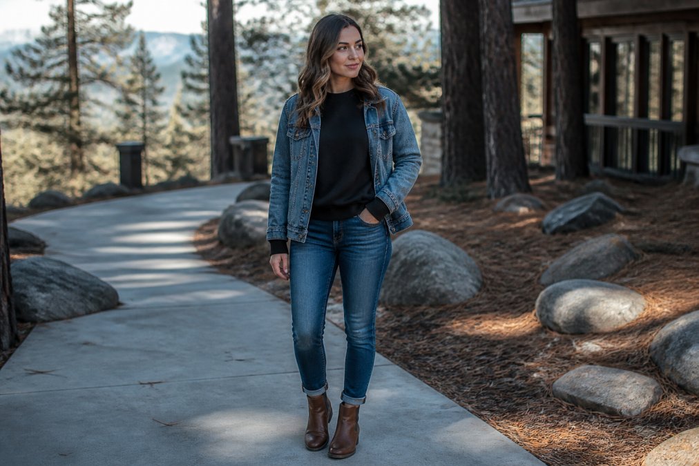 Woman wearing a black minimalist faith-inspired crewneck sweatshirt layered under a denim jacket, paired with classic blue jeans and brown boots, standing outdoors in cool daylight with natural shadows