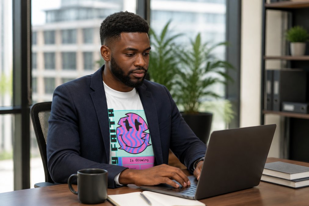 Young professional in business casual outfit wearing a layered faith-inspired tee under a blazer, seated at a modern office desk with laptop and coffee, natural morning light from office windows