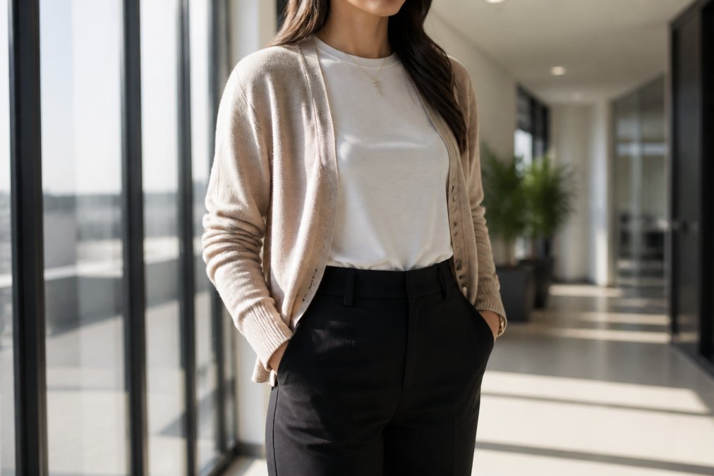 Close-up of a professional wearing a neutral-toned Christian t-shirt tucked into dress pants with a cardigan, standing in a bright office hallway with natural light