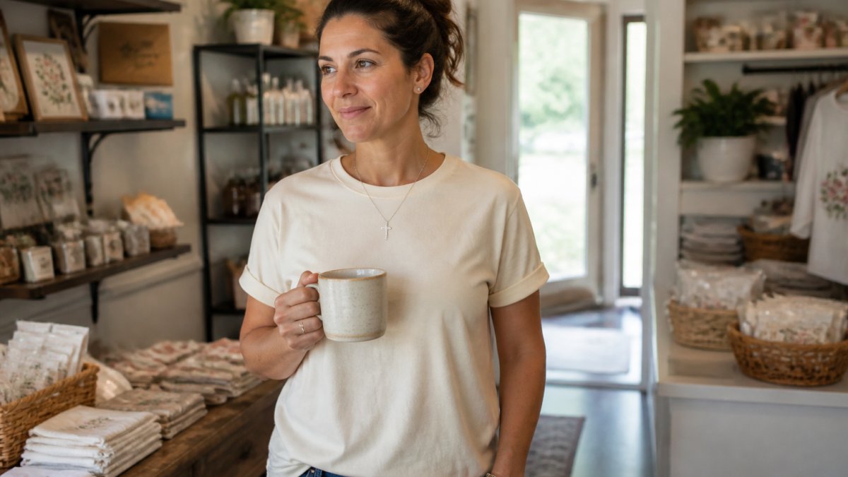 A woman in a cream-colored minimalist Christian t-shirt with a small cross necklace, standing in a bright home office, smiling gently while holding a coffee mug