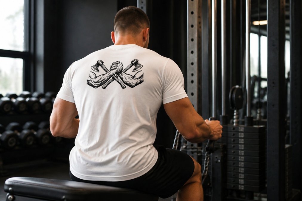 Man wearing a subtle faith-based gym shirt during an intense workout, back design featuring scripture imagery visible as he moves, natural gym lighting with metal weights in background