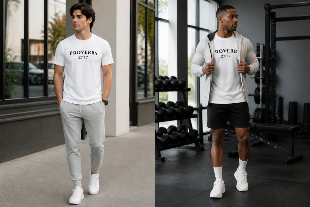 Two side-by-side outfit styling examples: one casual streetwear look featuring a subtle faith shirt with neutral joggers and minimal accessories; another gym-focused outfit with the same shirt paired with athletic shorts and a light jacket, both modeled on fit individuals in natural lighting
