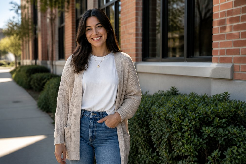 Young adult wearing a casual faith-inspired t-shirt layered with a neutral cardigan and jeans, styled with minimal accessories, standing in natural daylight