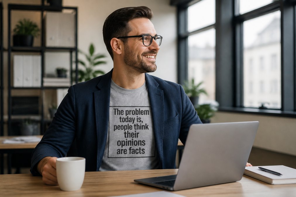 Professional in modern office setting wearing a subtle funny graphic tee layered under a blazer, sitting at desk with laptop and coffee mug, natural window lighting illuminating the office environment