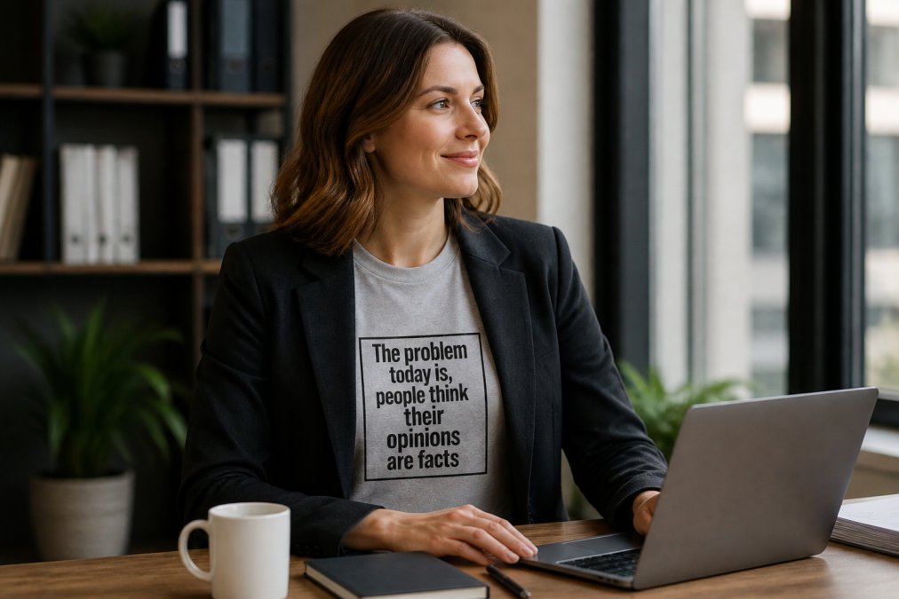 Professional woman at modern office desk wearing a subtle funny graphic tee layered under a tailored blazer, sitting with laptop and coffee mug nearby, natural light from window creating warm office ambiance