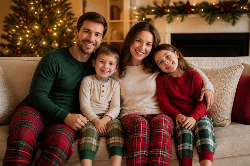 Family of four wearing complementary red, cream, and forest green holiday loungewear, posed together on a cozy living room sofa with warm lighting and holiday decorations in the background