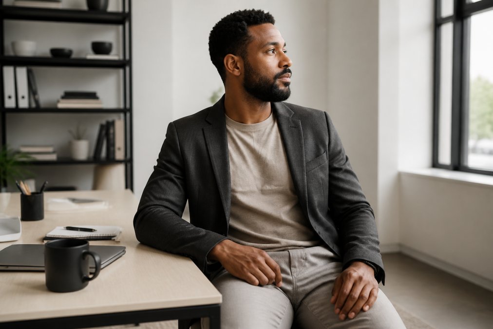 Professional wearing a Built Stronger tee layered under a tailored charcoal blazer with neutral trousers, seated at a minimalist desk in a bright office with natural window lighting