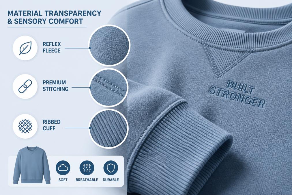 Close-up of soft ReFlex fleece fabric texture with visible stitching detail and ribbed cuff on a Built Stronger crewneck, showing premium construction and precise seaming under natural light