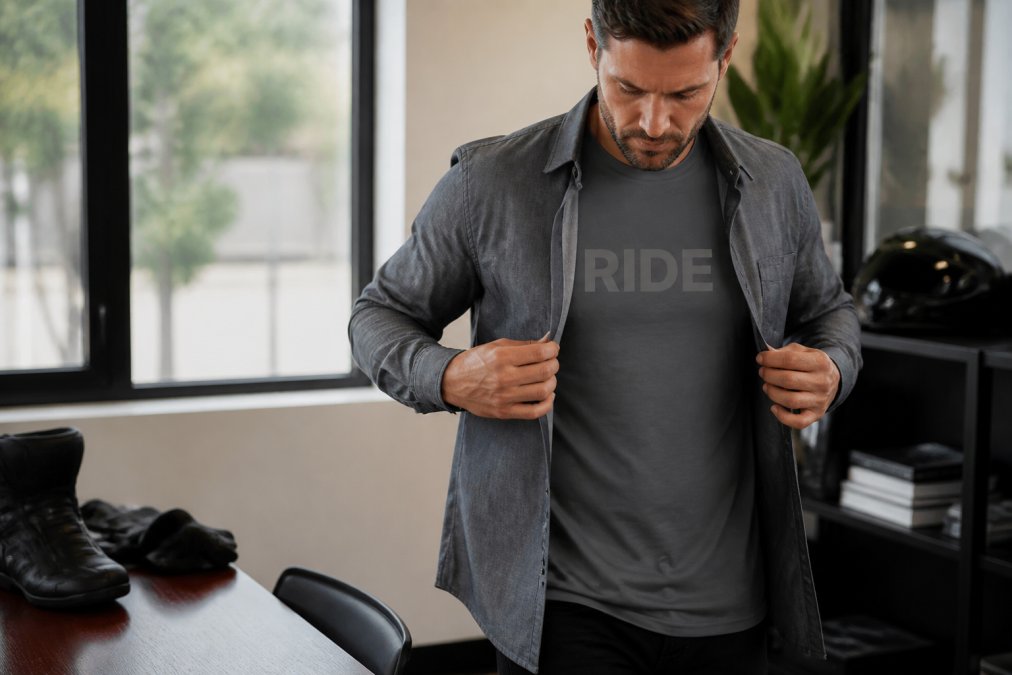 A man layering a subtle motocross graphic tee under a casual button-up shirt, demonstrating how rider-inspired clothing works in professional or casual office environments