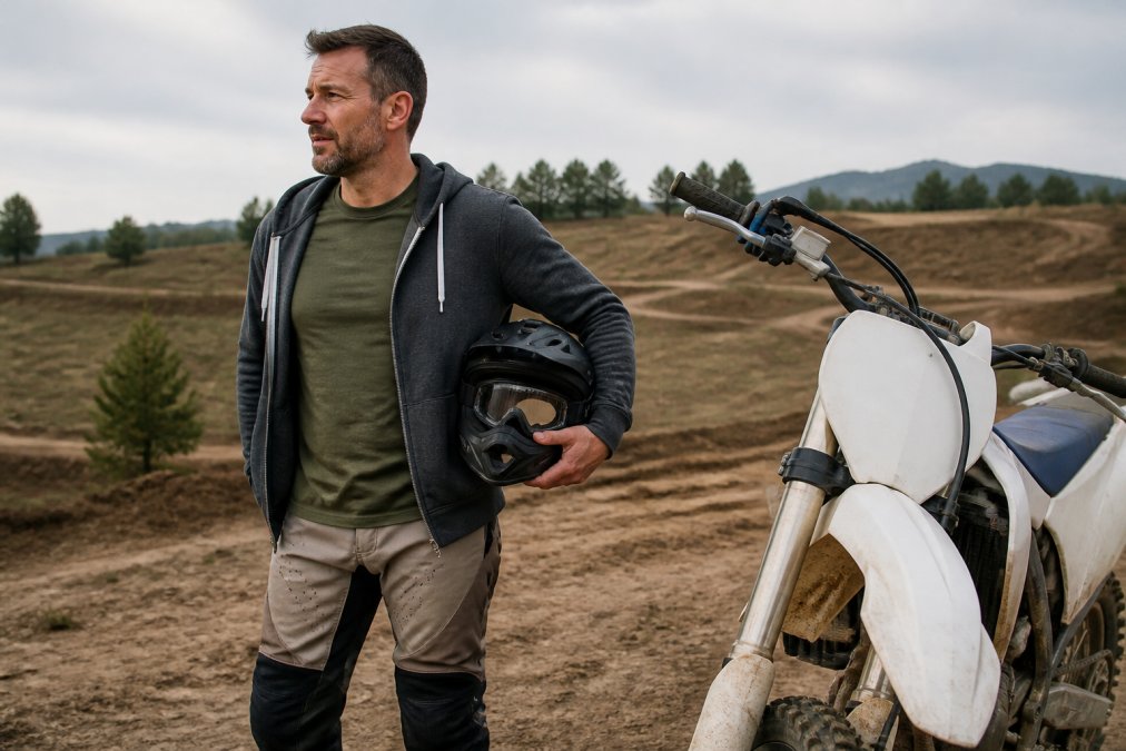 Older dad in subtle motocross apparel standing beside a dirt bike at a track, wearing a comfortable neutral-toned tee and hoodie, relaxed posture with natural outdoor lighting