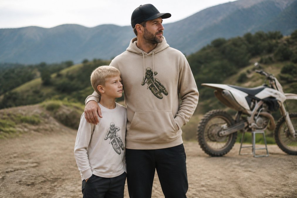 Father and child wearing matching subtle motocross-themed hoodies and tees in neutral tones, standing together outdoors with natural lighting