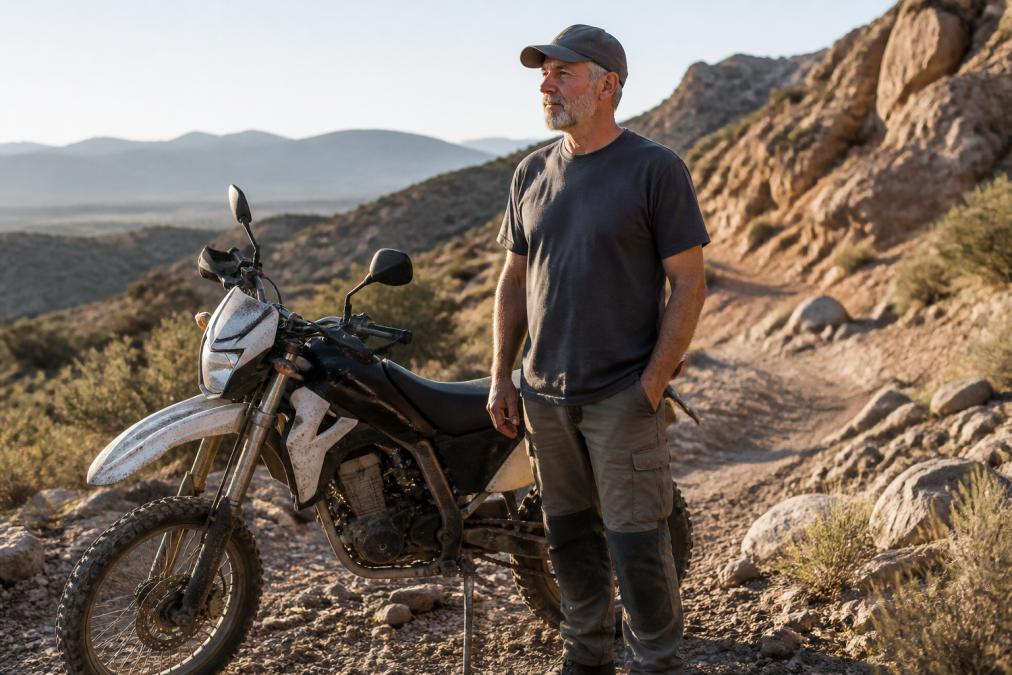 A man in his late 50s wearing a plain charcoal heavyweight tee and a low-profile cap, standing beside a dusty trail bike at the edge of a rocky trail, morning light, relaxed posture