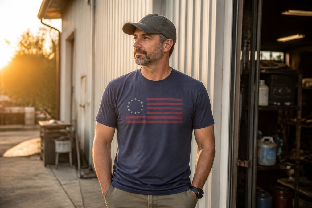 A man in his forties wearing a plain graphic tee and unstructured cap, standing outside a workshop at golden hour, relaxed and natural posture, neutral background