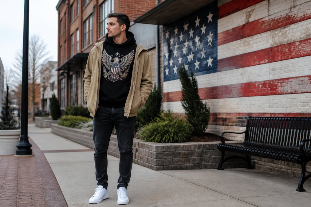 Step-by-step visual guide for patriotic streetwear style