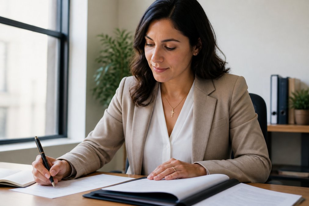 Professional woman at her desk wearing a subtle gold cross necklace with a business casual blazer and white blouse, natural office lighting from nearby window