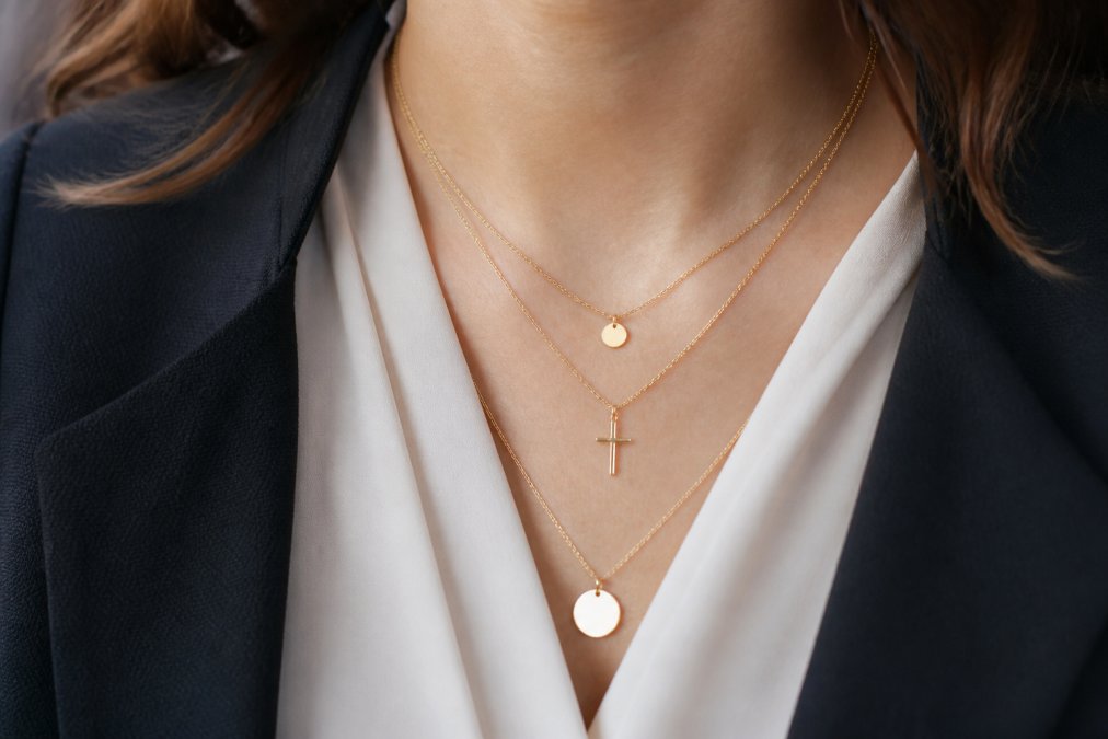 Close-up of layered delicate necklaces with small cross and disc pendants stacked against a professional work outfit showing subtle stacking approach, natural lighting