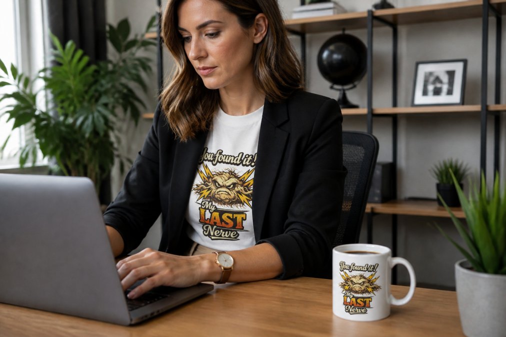 Professional woman at office desk wearing a subtle sarcastic graphic tee layered under a structured blazer, paired with neutral trousers and a watch, working on laptop with morning coffee nearby
