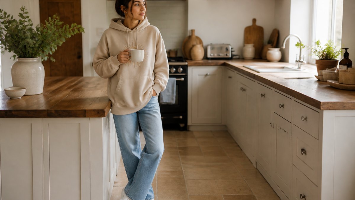 A woman in her late twenties wearing an oversized sand beige hoodie with a subtle graphic print, paired with straight-leg jeans and white trainers, standing in a bright kitchen with a mug of tea on the counter