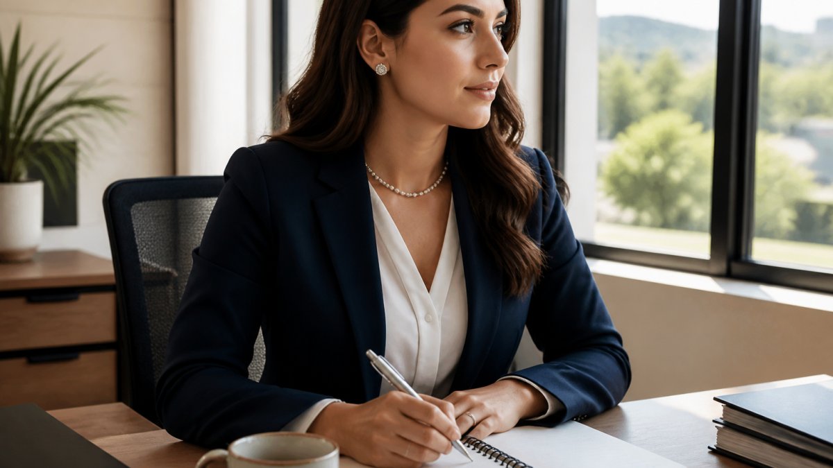 Professional woman in a navy blazer wearing a silver pearl choker and dainty concho earrings at an office desk