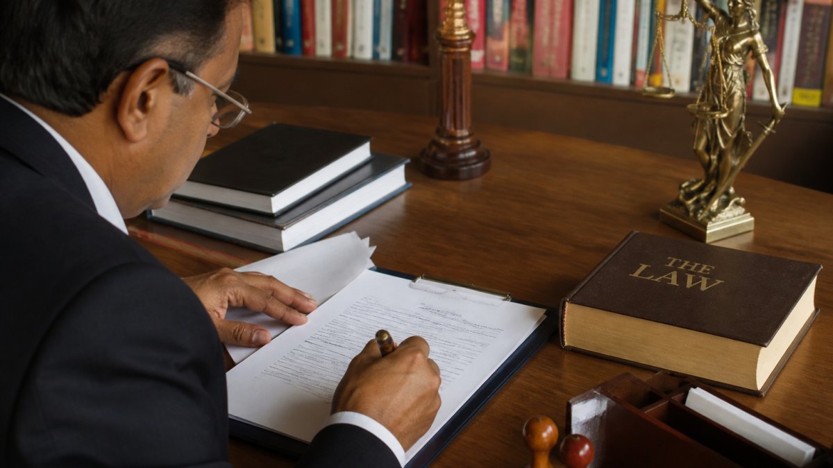 Professional sitting at desk with legal documents and laptop, signing a Power of Attorney form with a pen, representing remote authorization and inheritance management