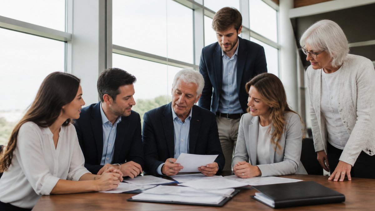 A multi-generational family in a bright office reviewing documents together at a conference table, with a senior founder and adult children discussing business plans