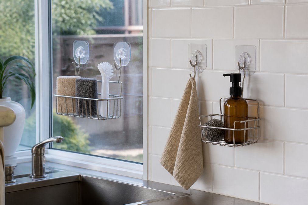 Close-up of a kitchen sink area showing different surfaces, white subway tile backsplash, stainless steel sink frame, and glass window, with suction cups mounted on the glass and adhesive hooks on the tile
