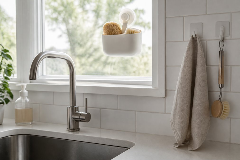 Organized kitchen sink area with minimalist Scandinavian design, showing a white suction cup caddy holding natural sponges on the glass window above the sink, adhesive hooks mounted on white subway tile holding a linen towel and a small stainless steel brush, with clean surfaces and minimal clutter