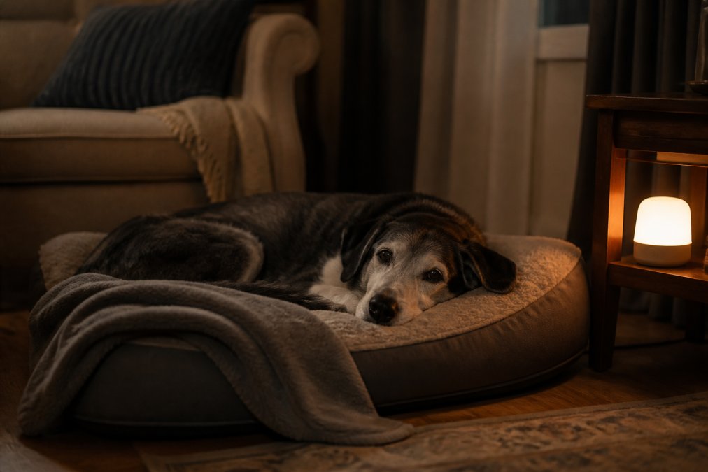 Senior dog resting on a cozy orthopedic bed in a softly lit room with a warm blanket