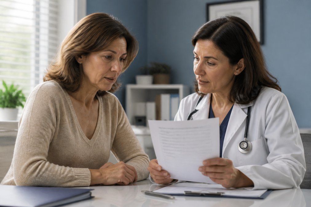 Woman in her 40s reviewing lab results with her doctor to address sudden hair loss concerns in a clinic office.