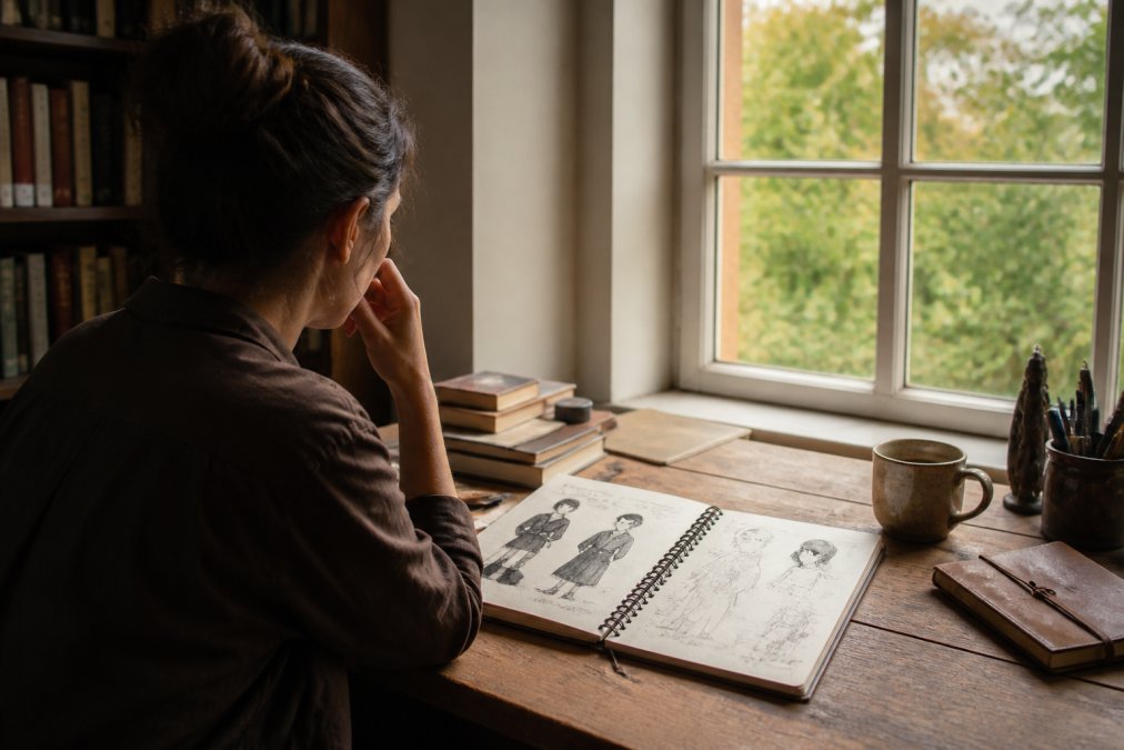A writer sitting at a desk with a laptop displaying ShakespeareAI interface, coffee cup nearby, notebook with character sketches open beside the keyboard, natural afternoon light from window