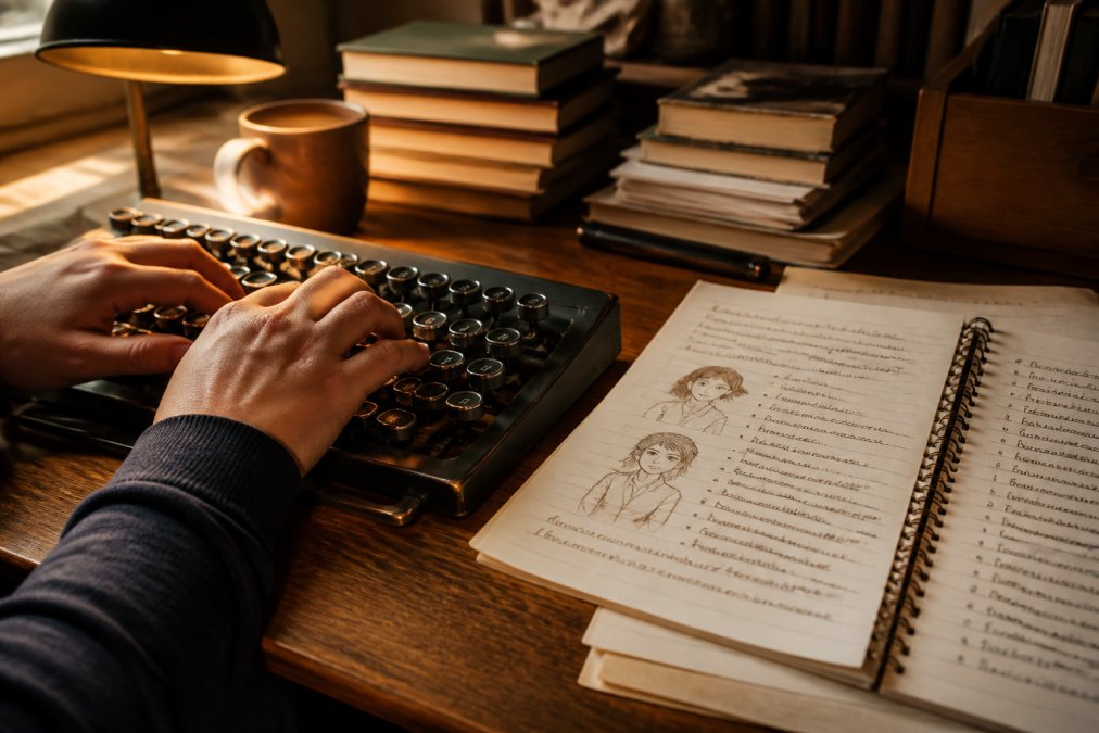 Close-up of hands typing on mechanical keyboard with character development notes and story outline visible on desk beside laptop, warm desk lamp lighting