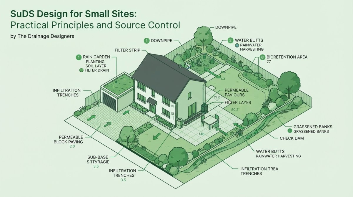 Aerial view of a residential property showing permeable paving in driveway and garden, integrated green spaces, and surface water management features including a shallow swale alongside the property