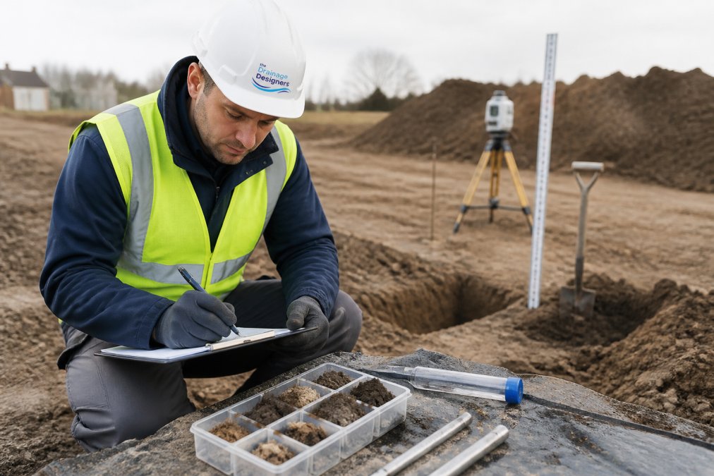 Professional site engineer conducting ground investigation on development site, holding clipboard and examining soil samples, with measuring equipment and test pits visible in background