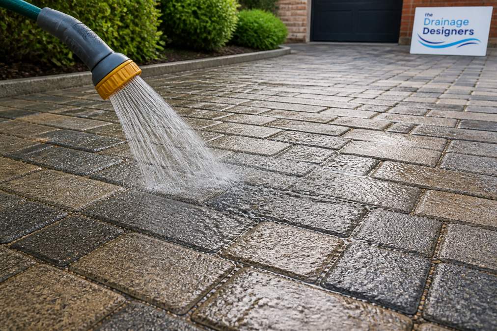 A close-up of a garden hose gently washing a permeable paving driveway, showing water being absorbed between the blocks